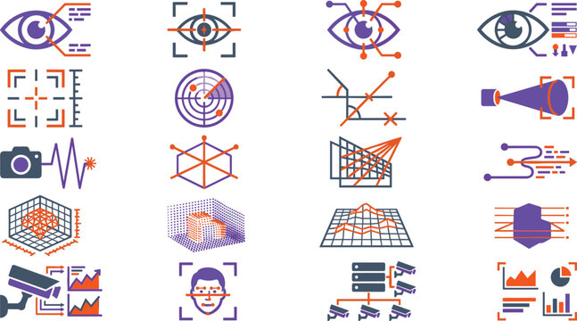 Computer vision and AI biometric recognition icon set with 3D mesh tracking, facial scanning, eye iris detection, and surveillance analytics symbols