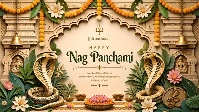 Symmetrical Papercut Nag Panchami Banner with Dual Cobras and Marigold Garlands at Temple Entrance