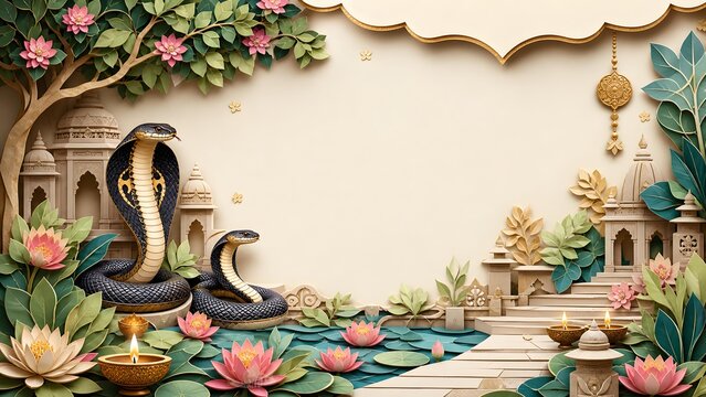Papercut Nag Panchami Background with Cobras and Lotus Pond in Temple Garden Altar Template