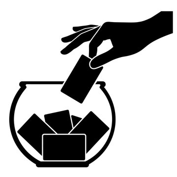 Hand placing a card into a raffle bowl icon with selection promotion submission collection container