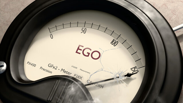 Ego meter showing high levels of ego. Dangerously increasing values of ego, critical overload. Too much, off the charts. Max ego ,3d illustration