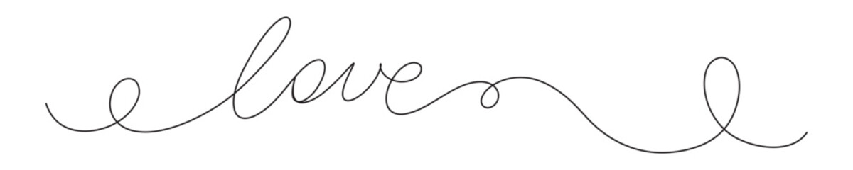 Obraz premium Love word hand drawn with single black line isolated on white bg. Romantic graphic slogan in minimalist style. Wide screen vector illustration with editable stroke.