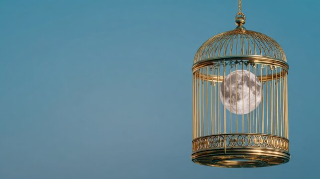 Surreal golden birdcage containing a floating miniature moon instead of a bird, elegant Art Deco geometry, pale sky blue background, dreamlike