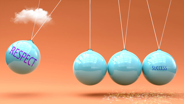 Respect produces Success. A Newton cradle metaphor in which Respect gives momentum to Success. Cause and effect relation between Respect and Success. ,3d illustration