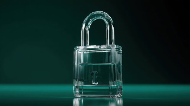 Transparent crystal glass padlock on a rich emerald green background, subtle reflections, cybersecurity and privacy concept, premium conceptual