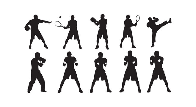 Tennis players and boxers vector silhouettes displaying various poses for sports and fitness related designs.