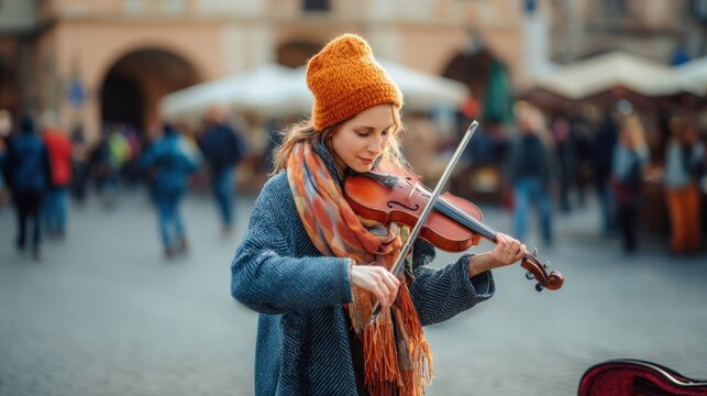 Talented young violinist performing in a charming old town square, open violin case nearby, pedestrians softly blurred behind, culture and outdoor