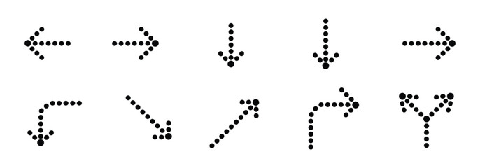 Obraz premium Dot Matrix Arrows: A collection of arrows created from dot matrix patterns, indicating direction and movement in various orientations.