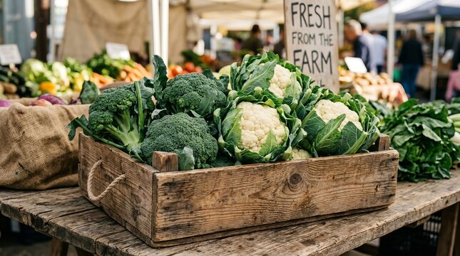 Fresh organic vegetables arranged in a rustic wooden crate at market.