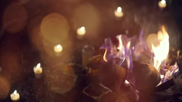 puja or yajna ceremony in India and hindu traditional holy ritual, asian puja diwali and spiritual rite in Bali 4k