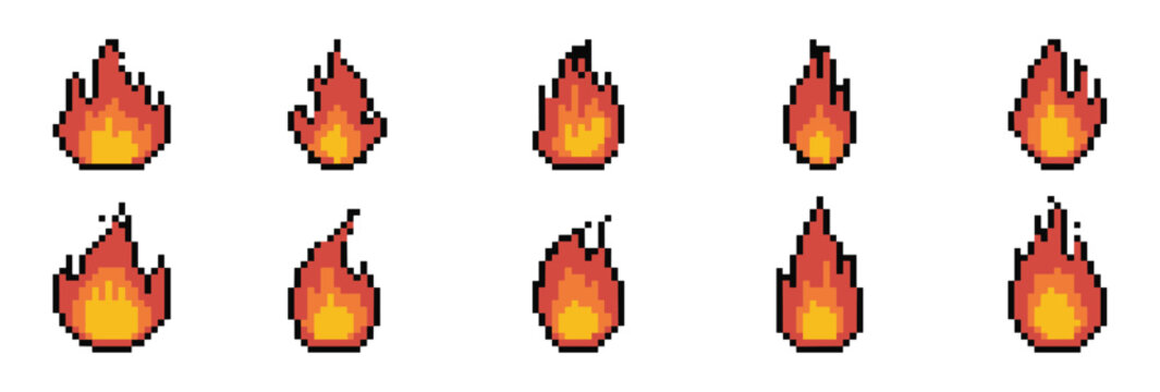 Pixel Art Fire Collection: A collection of ten distinct pixel art flames, rendered in shades of red, orange, and yellow, showcase a stylized representation of fire in a 2D digital art style.