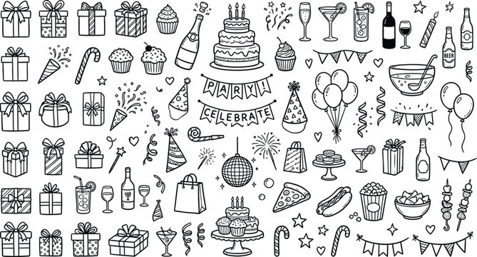 Seamless doodle pattern with birthday party elements cake and balloons