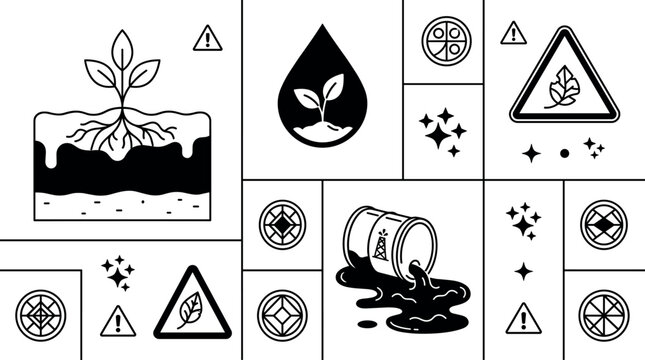 Soil Pollution and Oil Spill Environmental Damage Vector Infographic Elements Set Featuring Overturning Crude Petroleum Barrel Strangled Plant Roots and Ecological Hazard Icons