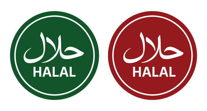 Halal Certified Food Icons: Two circular icons, one green and one red, displaying the word HALAL in both Arabic script and English text, indicating food permissible under Islamic law.