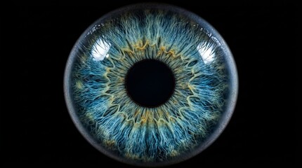 Detailed view of a vibrant blue and gold human iris with a black pupil against a dark background. © Iqra