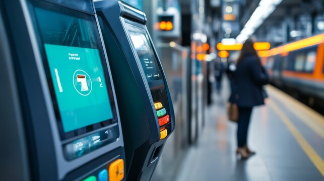 Close-up of a digital train ticket kiosk with a blurred commuter on a station platform, captured in a shallow depth-of-field perspective, Public transport, Travel