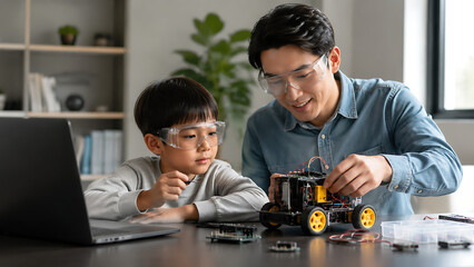 Fototapeta premium Father and Child Building Robot at Home with STEM Education and Technology Learning
