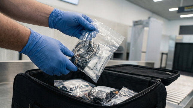 Airport security officer holding plastic bag with smuggled medical vials and suspicious electronic components