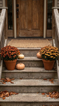 Front porch steps styled for fall with pumpkins potted mums and a doormat