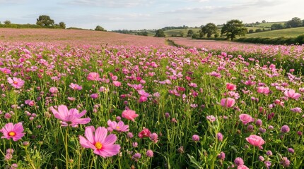 Fototapeta premium Vast field of vibrant pink cosmos flowers blooming under a clear blue sky in the countryside.