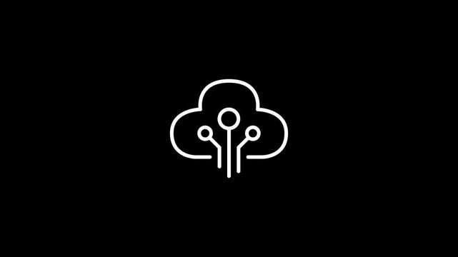 White cloud computing circuit outline icon on black background 4k motion video