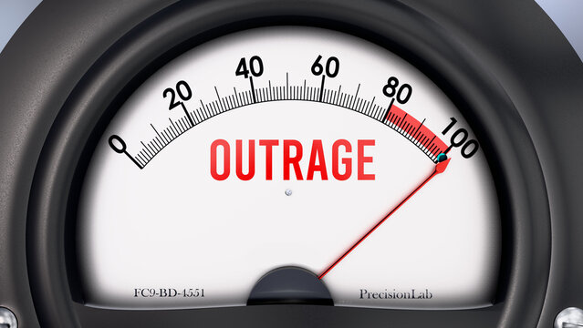 Outrage that is hitting a full scale, showing rising levels of outrage, possibly overload of it, too much of it. Maximum value, off the charts.  ,3d illustration