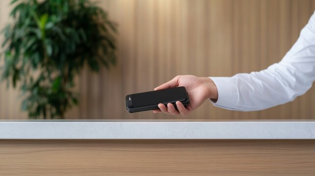 Close-up shot of a hand in a white shirt sleeve holding a black contactless payment card reader over a modern office reception counter, professional transaction concept, payments,nfc