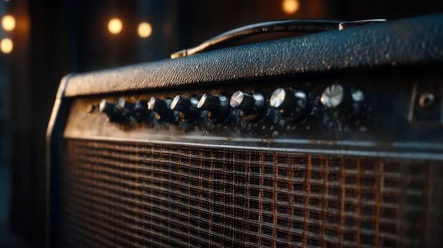 Detailed close-up of a classic guitar amplifier's controls and speaker grill in a music studio