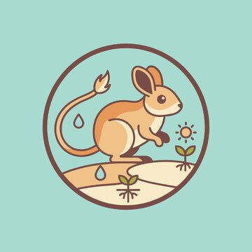 Cute desert jerboa stands in a minimalist circular frame with a sun and sprouting plants, representing desert ecology and growth.