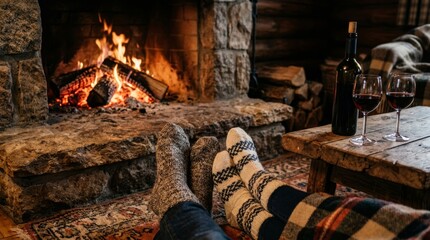 Fototapeta premium Person sits by a warm fire with wine on a wooden table.