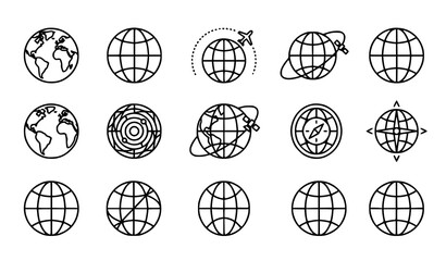 Global Planet Earth Grid Line Icon Set with Navigation Compass, Satellite Orbits, Flight Airplane Travel Routes, and Geography Network Communication Map Symbols © Abdul