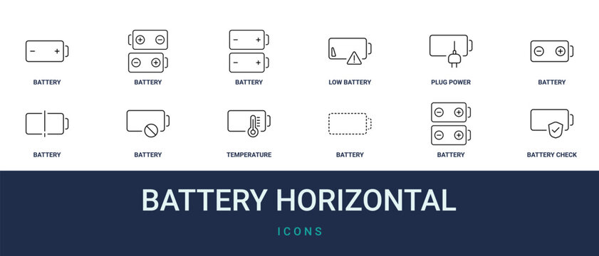 Set of 12 outline web Battery Horizontal icons such as battery check, battery polarity, battery unknown, temperature hot, breaking, exclamation, polarity vector icons for report, presentation,