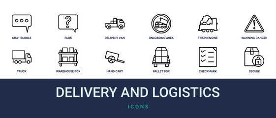 Set of 12 outline web Delivery and Logistics icons such as secure delivery, checkmark, pallet box, hand cart, warehouse box, truck, warning danger vector icons for report, presentation, diagram, web © Amelia