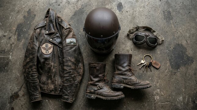 Old leather motorcycle jacket, helmet, goggles, boots, and keys lie on a concrete floor.