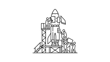 Naklejka premium Line-art illustration of a rocket launchpad with astronauts preparing for space mission in a futuristic setting.