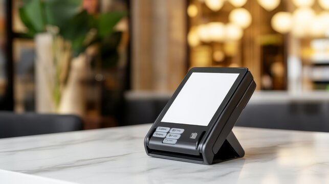 Modern empty POS payment terminal on a white marble table in a blurred upscale restaurant setting, mockup concept,Digital payment,Card reader