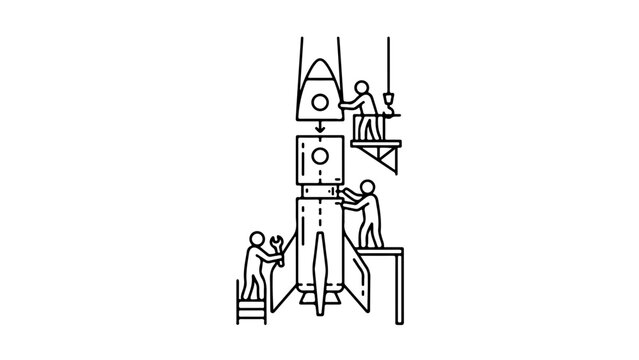 Flat design illustration of a rocket with astronauts inside being assembled on a launchpad with technical equipment.
