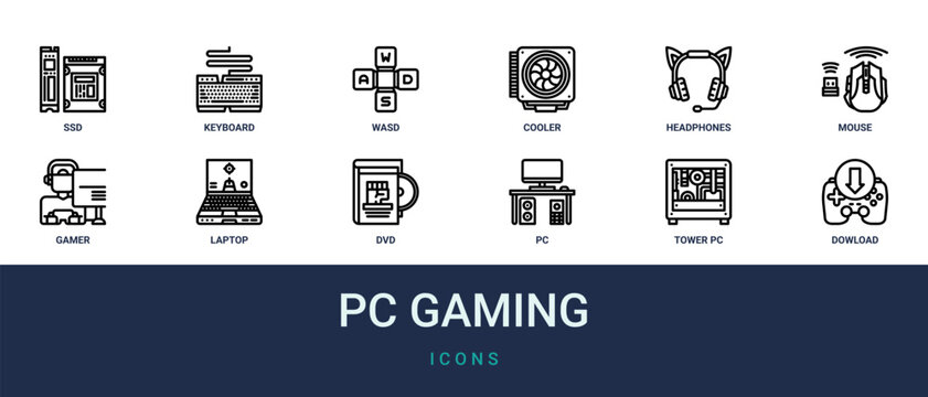 Set of 12 outline web Pc Gaming icons such as dowload, tower pc, pc, dvd, laptop, gamer, mouse vector icons for report, presentation, diagram, web design, mobile app