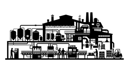 Fototapeta premium Factory Silhouette With Industrial Buildings And Production Line Black And White