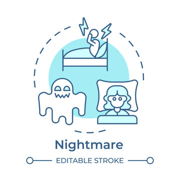Nightmare soft blue concept icon. Parasomnia health awareness. Night terror and sleep hygiene. Round shape line illustration. Abstract idea. Graphic design. Easy to use in brochure, booklet