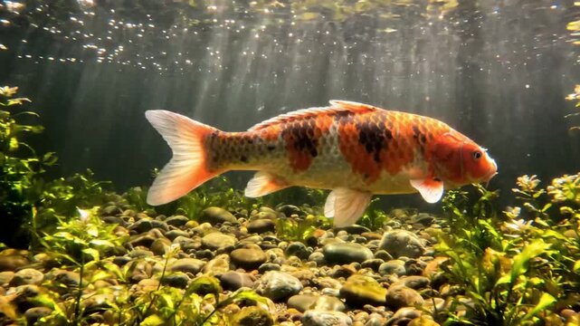 Vibrant Orange and White Koi Fish Swimming Underwater in a Clear Freshwater Pond with Sunbeams