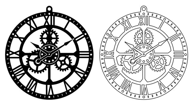 Clockwork mechanism illustration with roman numerals and exposed gears
