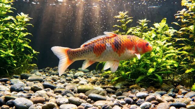 Beautiful Orange and White Koi Fish Swimming in Clear Freshwater Pond with Green Plants and Sun Rays