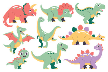Collection of cute cartoon dinosaurs including triceratops t-rex pterodactyl and stegosaurus characters on a clean white background © Hasan