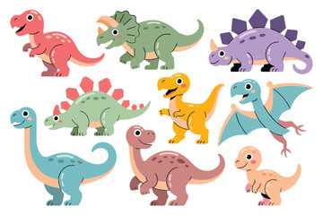 Set of cute cartoon dinosaurs featuring various prehistoric species including t-rex triceratops stegosaurus and pterodactyl on white background © Hasan