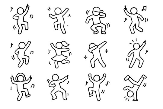 Dancing stick figure icon vector set with outline people dancing moves