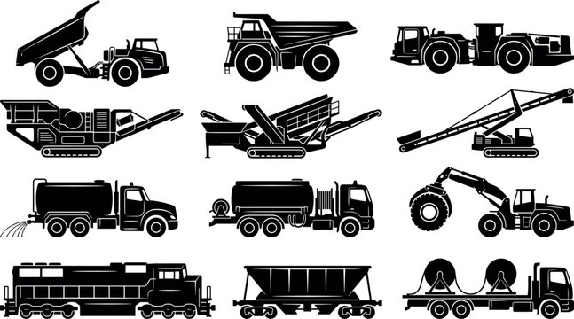 Set of heavy transport trucks and industrial construction machinery silhouettes