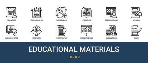 Set of 12 outline web Educational Materials icons such as exam, calculation, presentations, investigation, homework, language arts, writing vector icons for report, presentation, diagram, web © Mason