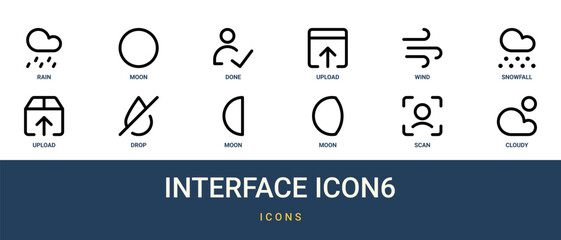 Set of 12 outline web Interface Icon6 icons such as cloudy, scan, moon, moon, drop, upload, snowfall vector icons for report, presentation, diagram, web design, mobile app © Mason