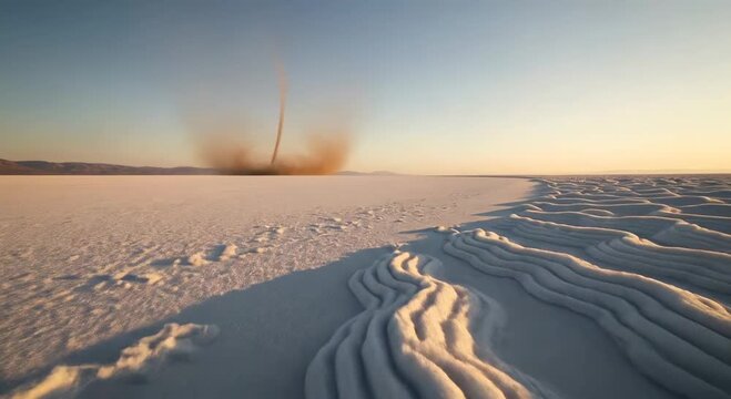 A cinematic wide shot of a dust devil swirling across a textured salt flat at sunset.